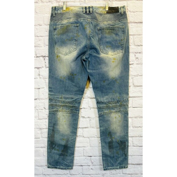 Embellish Mens Jeans‎ 38 x 33 Distressed Destroyed Biker Moto Gold Blue Denim - Picture 13 of 14